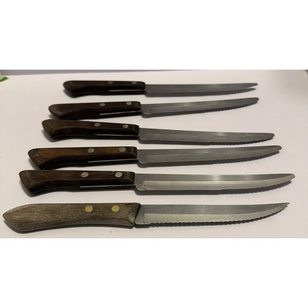 6 Echo Forge Stainless steak Knives Wood Handle Vintage